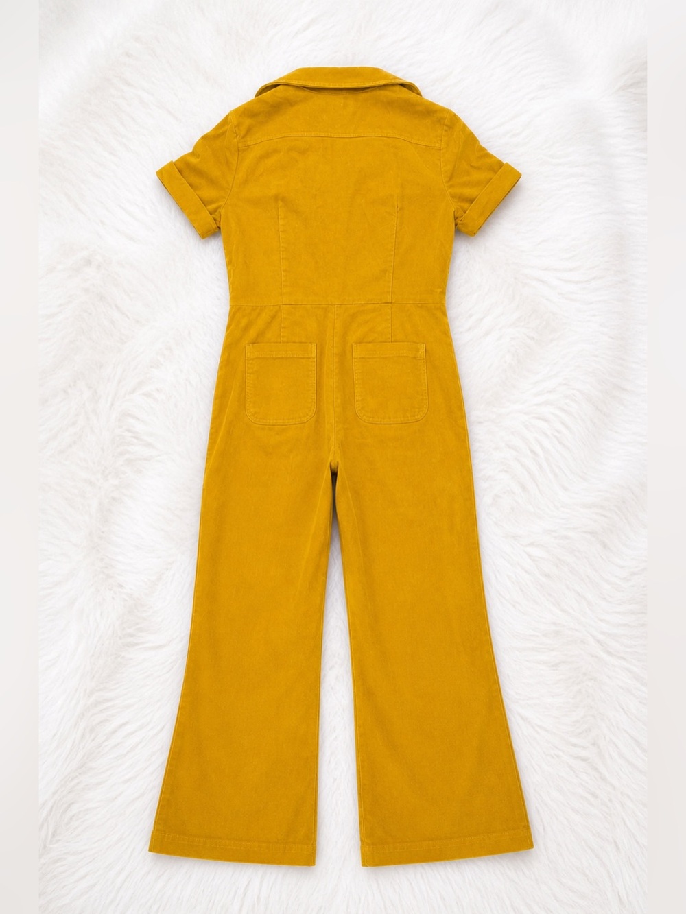 Mustard Yellow Zip Front Jumpsuit Medium | Retro Chic Utility Romper Flare Leg - Picture 2 of 3